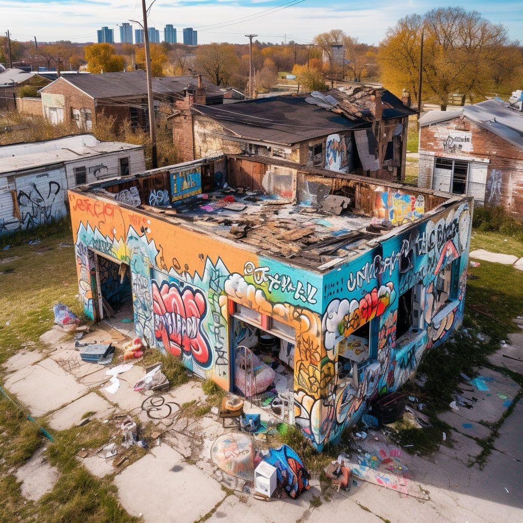 prompt: Aerial of pop shop in derelict East Detroit